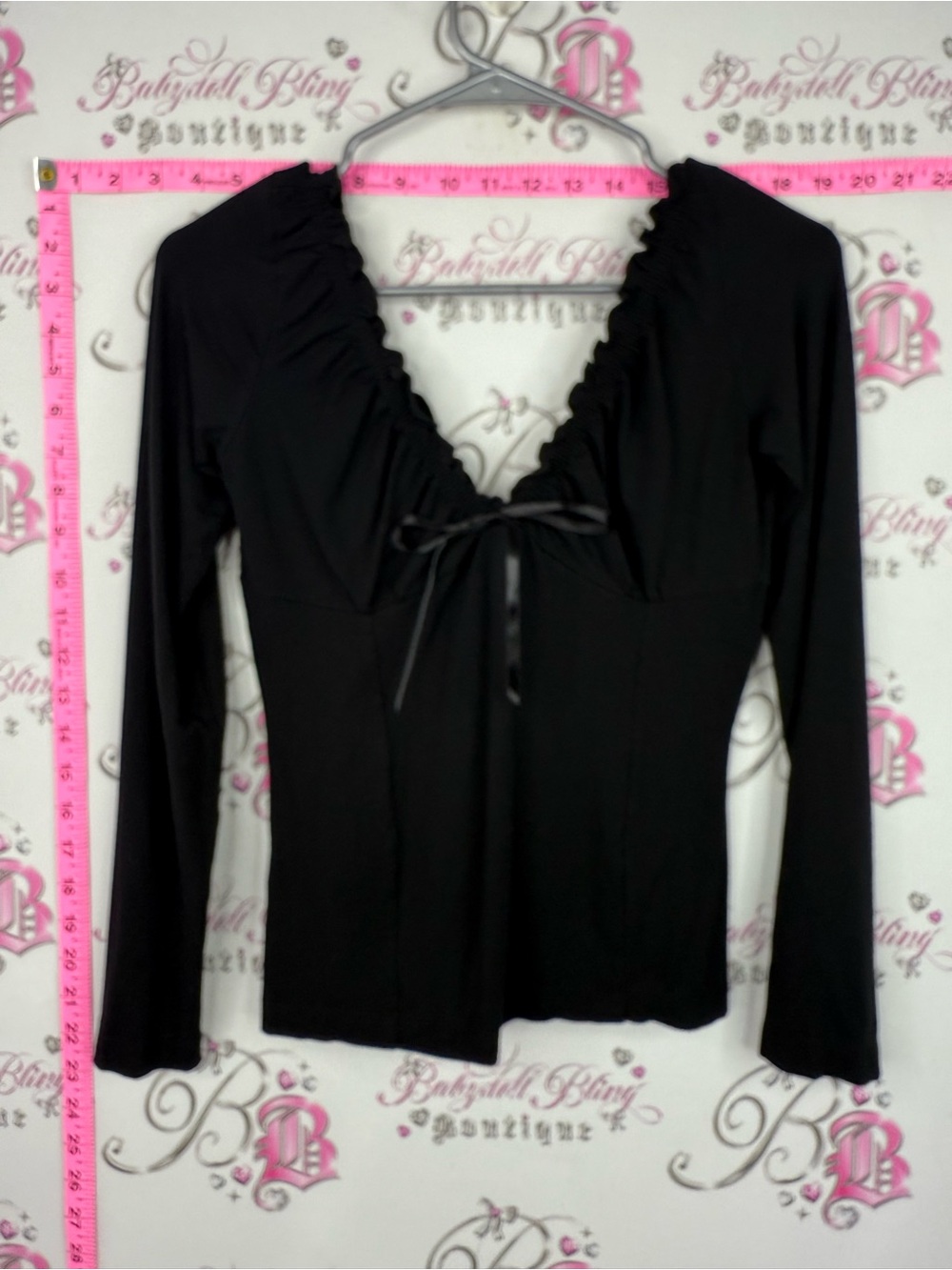 Tommy jeans top ribbon milkmaid ruffle Women’s Black Long Sleeve Tie-Front Top